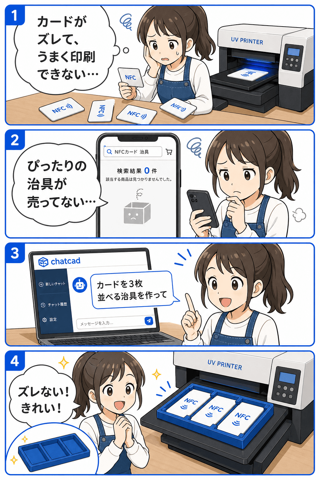 UVプリントでカードがズレる→ぴったりの治具が売っていない→chatcadに「3枚並べる治具を作って」→治具にセットしてきれいに印刷
