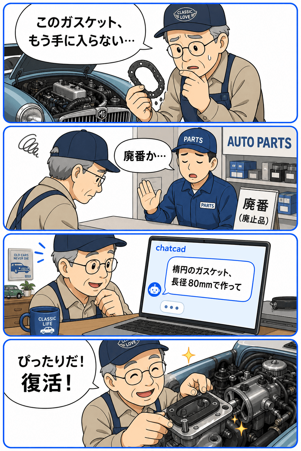 旧車のガスケットが廃番で手に入らない→chatcadに「楕円のガスケット長径80mmで作って」→3Dプリントして復活